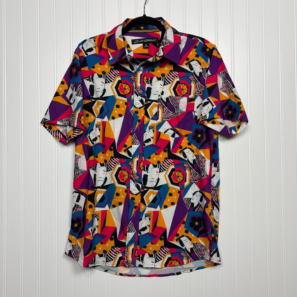 Just Attitude Men's Casual Button Shirt Short Sleeve Samurai Floral Size Medium